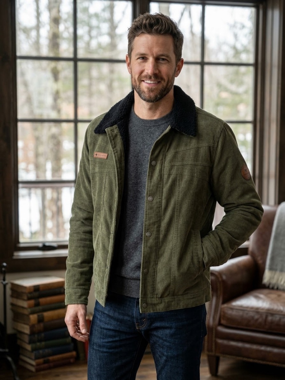 Men's Olive Green Sherpa-Collar Jacket